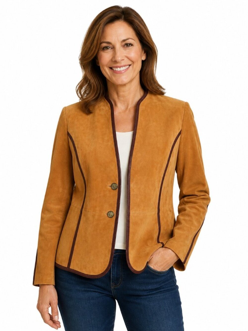 Tesori Cinnamon Suede Brown Leather Trim Jacket
